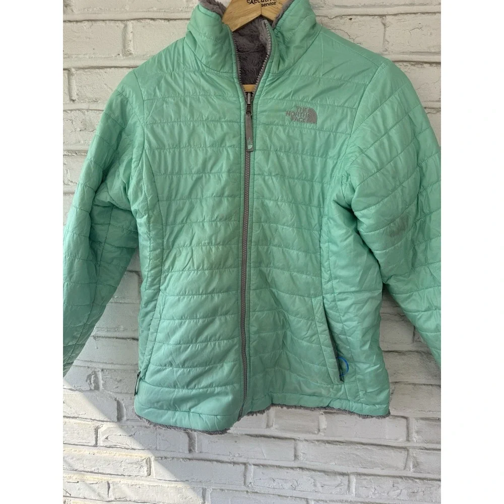 North Face Jacket Girls XL‎ Green Grey Reversible Mossbud Swirl Puffer Fleece